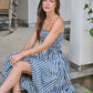 Navy and Ivory Striped Smocked Midi Dress OMFORT