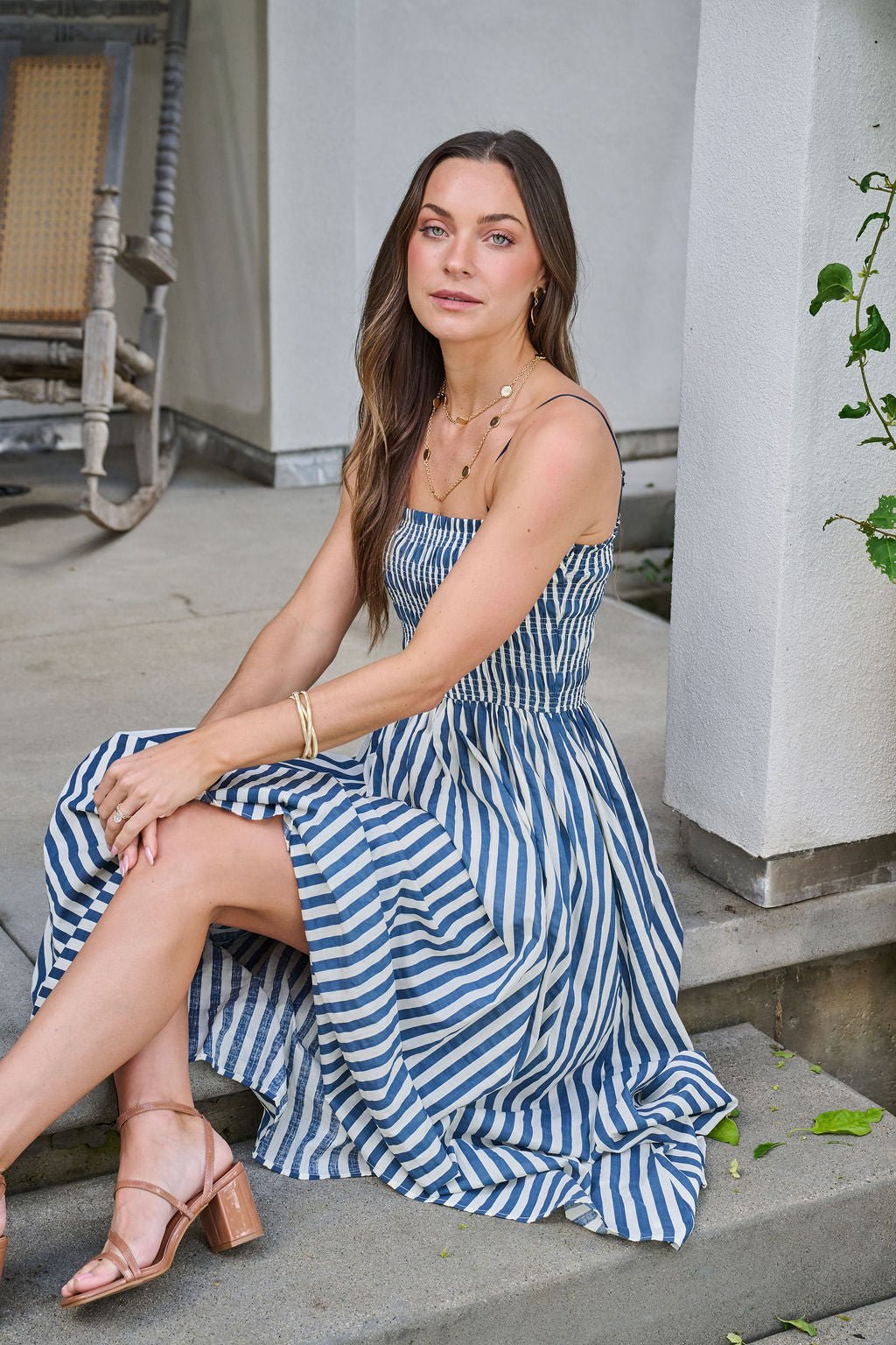 Navy and Ivory Striped Smocked Midi Dress OMFORT