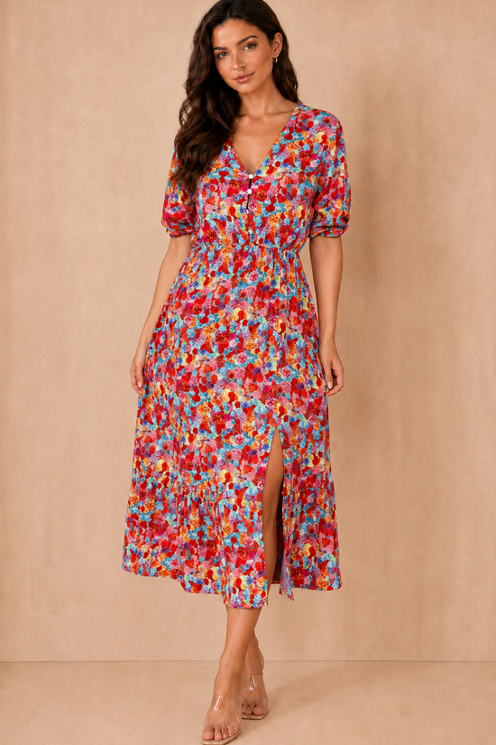 Nigella Multi Print Midi Dress OMFORT