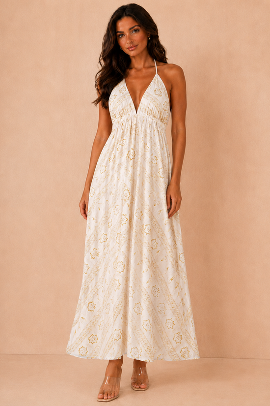 Ophelia Cream Boho Halter Neck Dress OMFORT