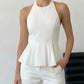 SOLACE  White Halter Neck Peplum Blouse?