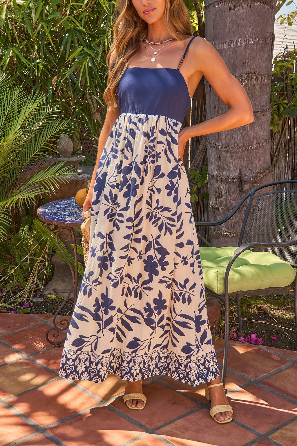 Palm Beaded Strap Maxi Dress - Navy OMFORT