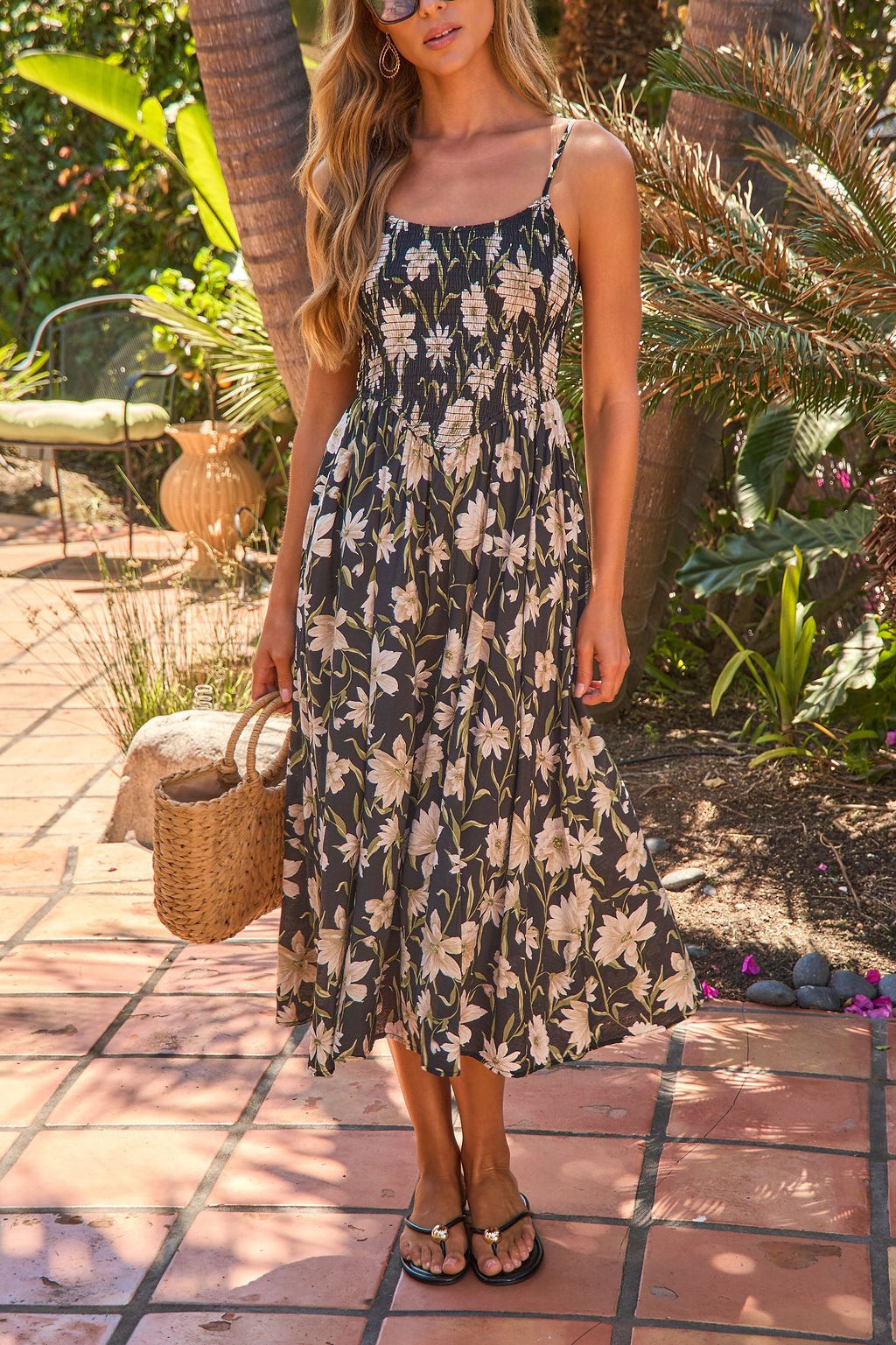Palm Shade Floral Midi Dress - Black OMFORT