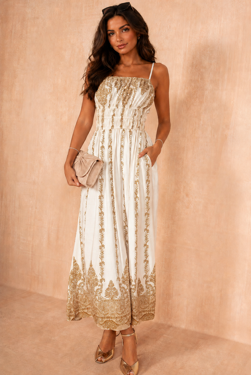 Payton Cream Boho Vine Print Cami Dress OMFORT