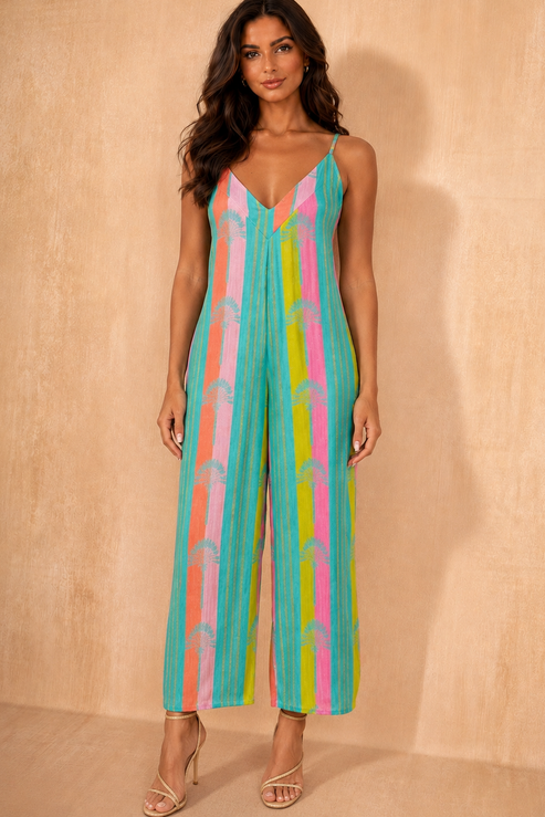 Priscilla Turquoise Cotton Printed Jumpsuit OMFORT