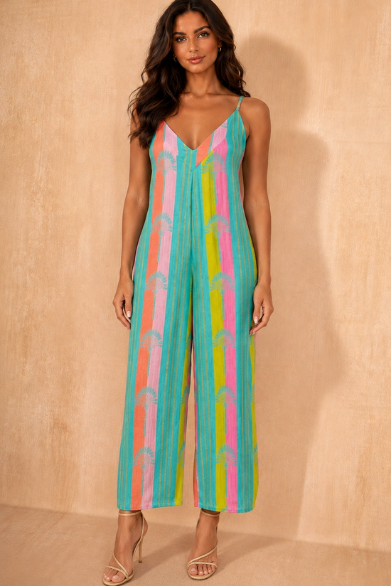 Priscilla Turquoise Cotton Printed Jumpsuit OMFORT