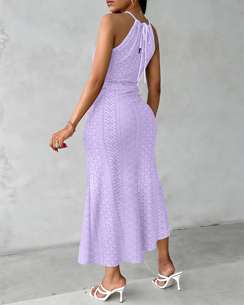 Halter Tie Criss Cross Front Knit Jacquard Textured Slit Dress Casual Hollow-out Draped Vacation Dress Omfort
