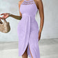Halter Tie Criss Cross Front Knit Jacquard Textured Slit Dress Casual Hollow-out Draped Vacation Dress Omfort
