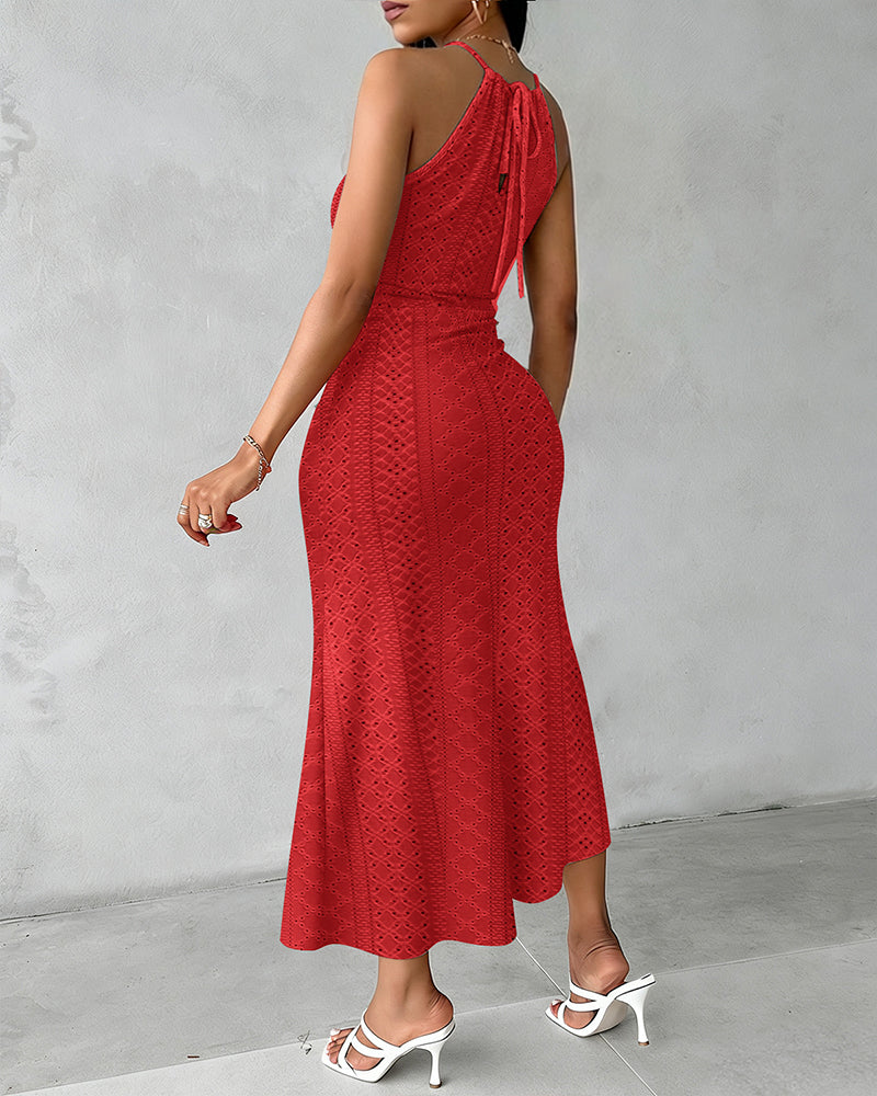 Halter Tie Criss Cross Front Knit Jacquard Textured Slit Dress Casual Hollow-out Draped Vacation Dress Omfort