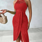 Halter Tie Criss Cross Front Knit Jacquard Textured Slit Dress Casual Hollow-out Draped Vacation Dress Omfort