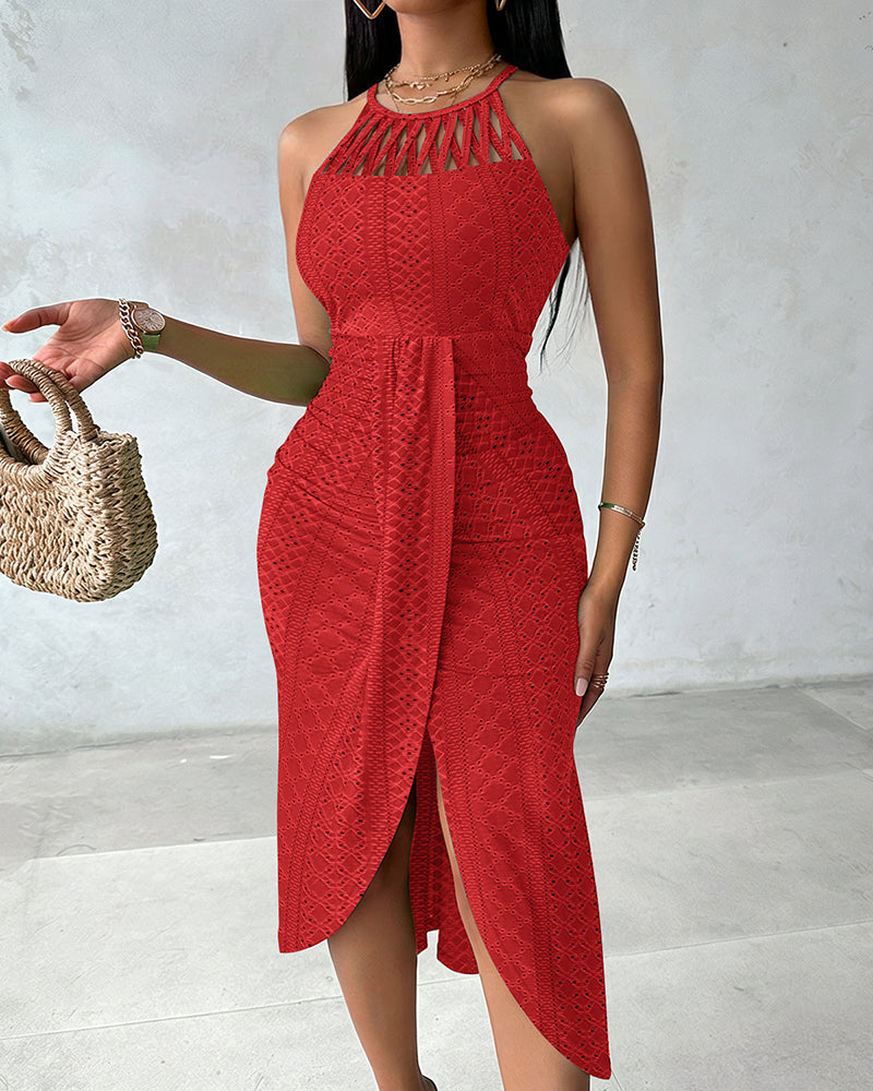 Halter Tie Criss Cross Front Knit Jacquard Textured Slit Dress Casual Hollow-out Draped Vacation Dress Omfort