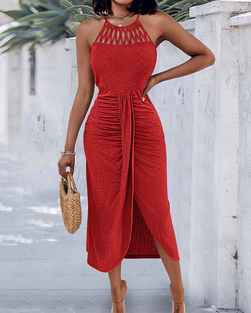 Halter Tie Criss Cross Front Knit Jacquard Textured Slit Dress Casual Hollow-out Draped Vacation Dress Omfort