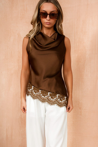 Sadie Chocolate Satin Lace Asymmetric Top OMFORT