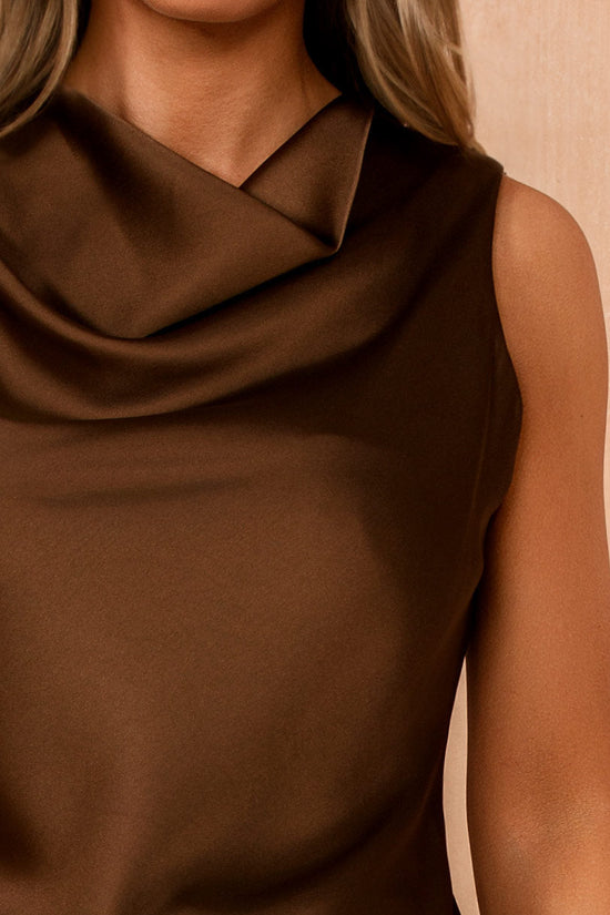 Sadie Chocolate Satin Lace Asymmetric Top OMFORT