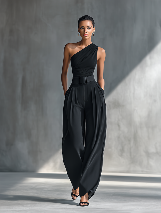Black High-elastic Knit Top And Acetate Wide-leg Pants Set mysite