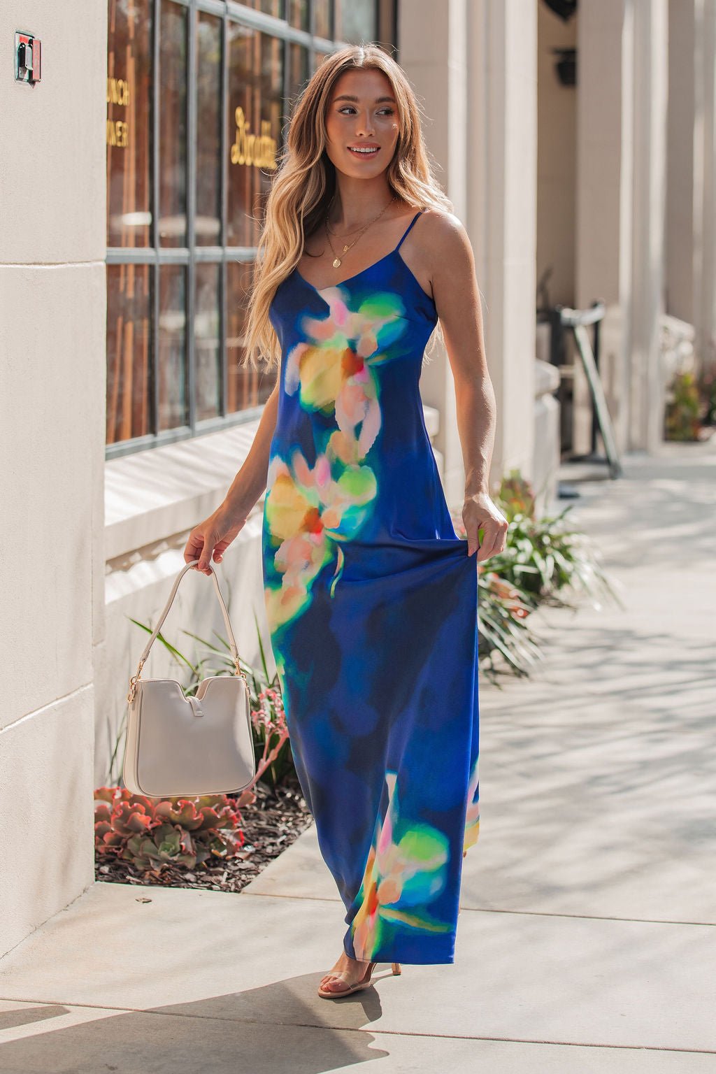 Steve Madden Blue Atara Print Slip Maxi Dress OMFORT