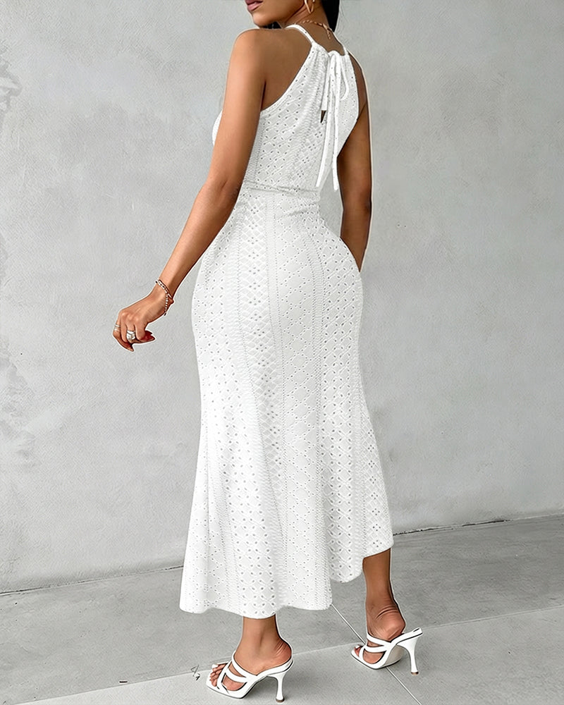 Halter Tie Criss Cross Front Knit Jacquard Textured Slit Dress Casual Hollow-out Draped Vacation Dress Omfort