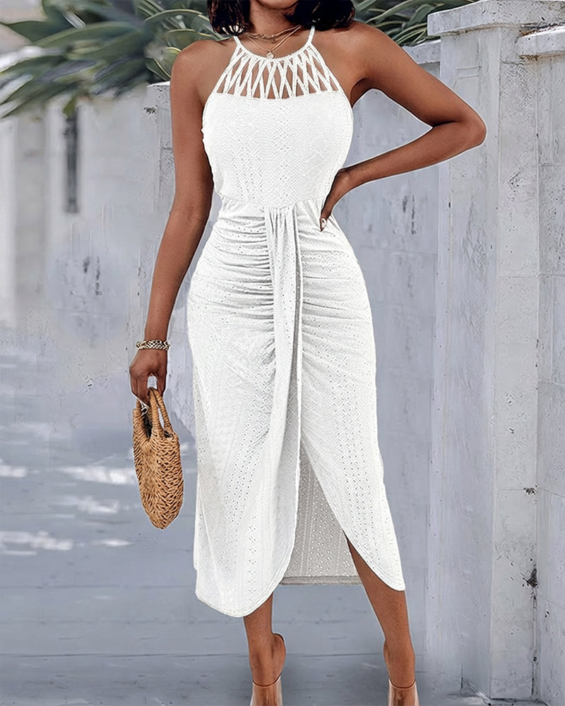 Halter Tie Criss Cross Front Knit Jacquard Textured Slit Dress Casual Hollow-out Draped Vacation Dress Omfort