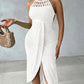 Halter Tie Criss Cross Front Knit Jacquard Textured Slit Dress Casual Hollow-out Draped Vacation Dress Omfort