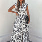 White and Black Floral Print Smocked Midi Dress OMFORT