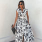 White and Black Floral Print Smocked Midi Dress OMFORT