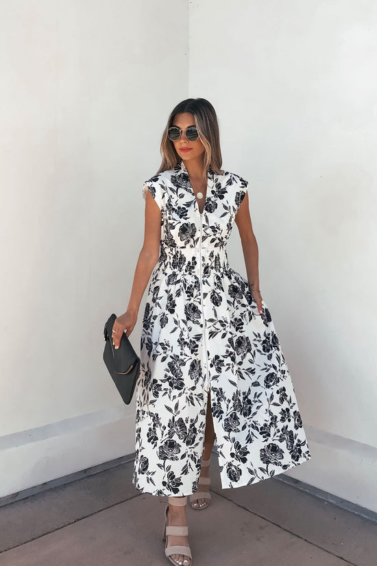 White and Black Floral Print Smocked Midi Dress OMFORT