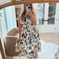White and Black Floral Print Smocked Midi Dress OMFORT