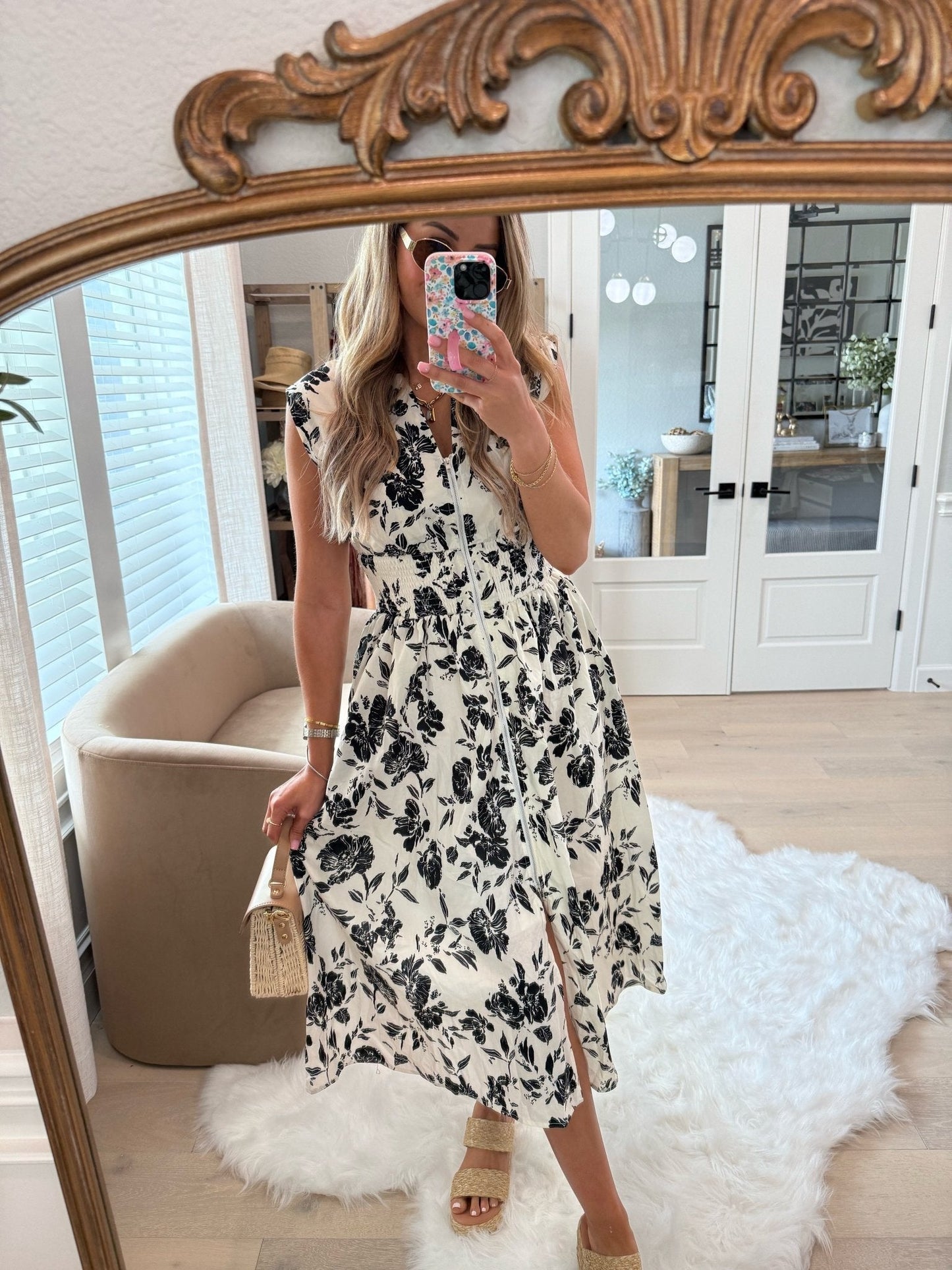 White and Black Floral Print Smocked Midi Dress OMFORT