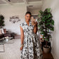 White and Black Floral Print Smocked Midi Dress OMFORT