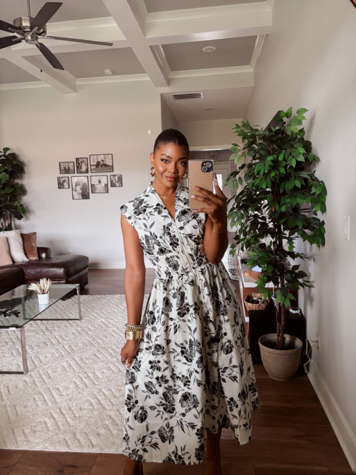 White and Black Floral Print Smocked Midi Dress OMFORT