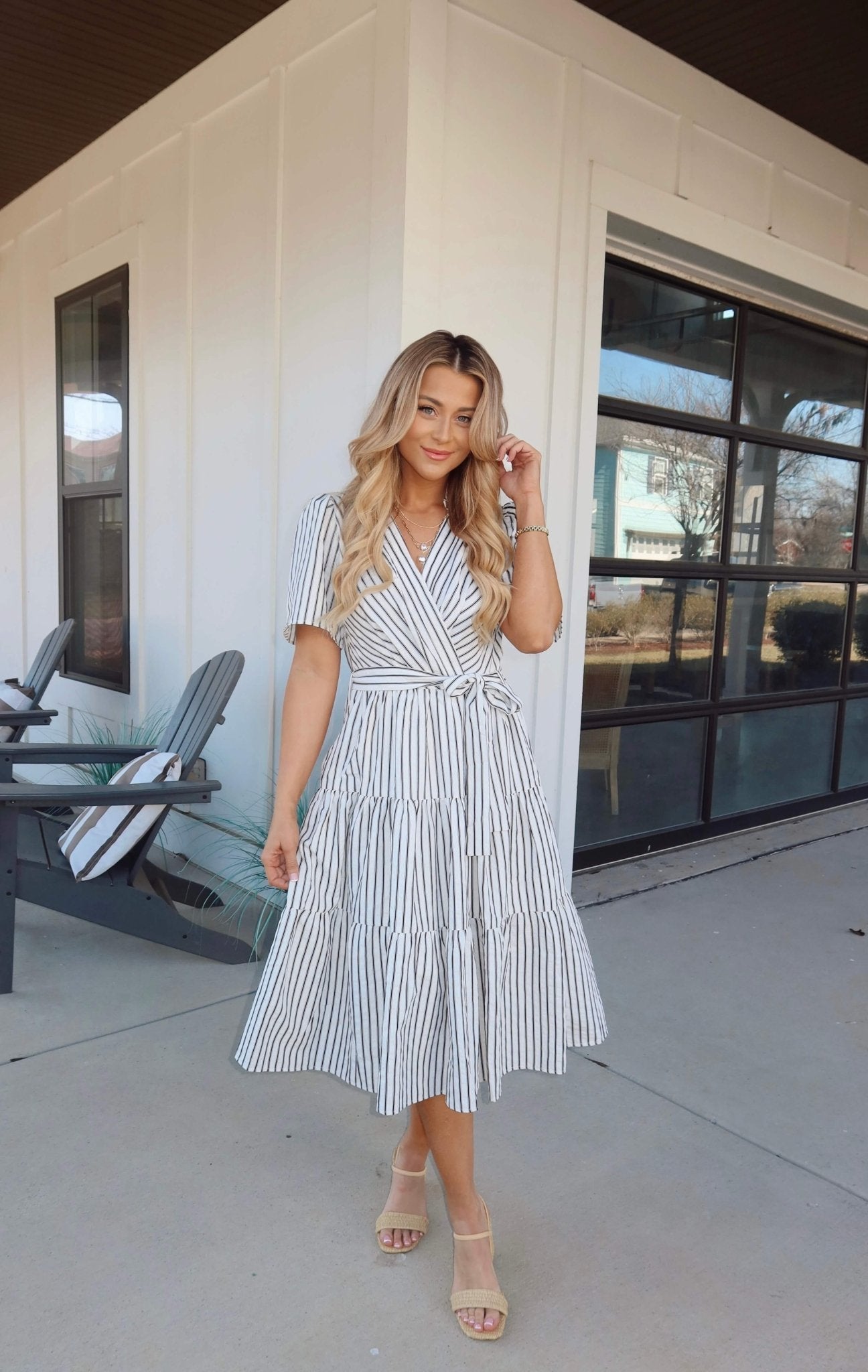 White Stripe Surplice Tiered Midi Dress OMFORT