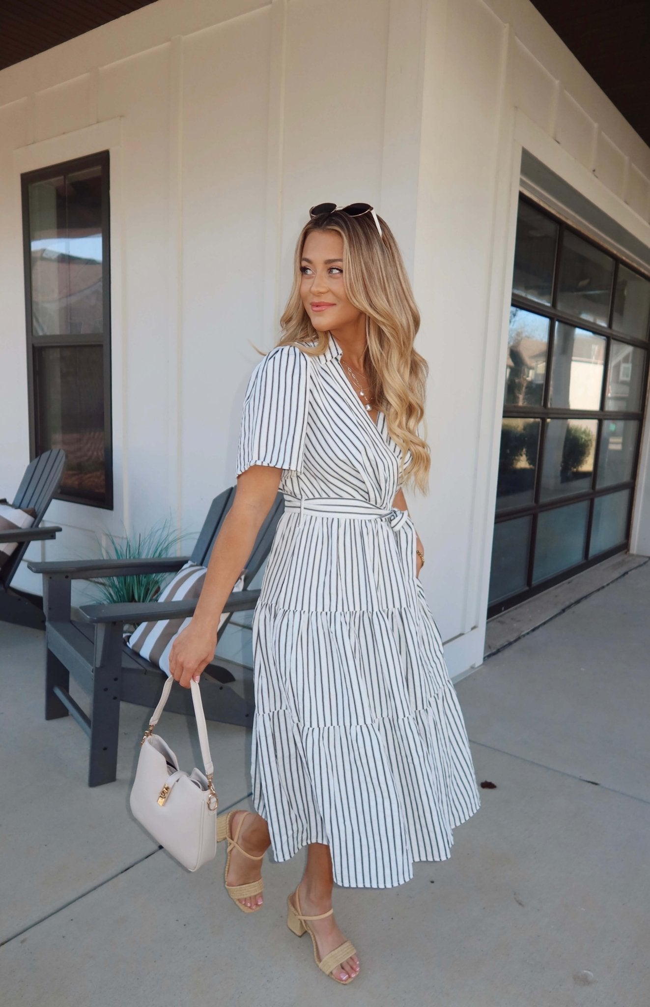 White Stripe Surplice Tiered Midi Dress OMFORT