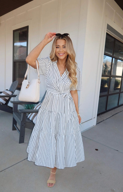 White Stripe Surplice Tiered Midi Dress OMFORT