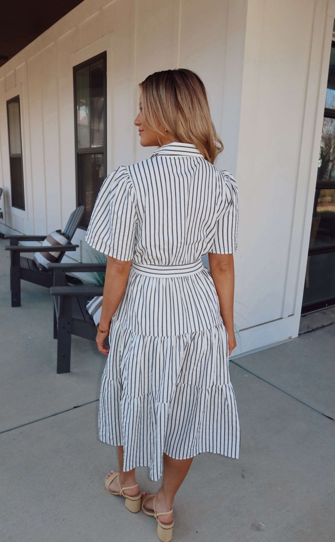 White Stripe Surplice Tiered Midi Dress OMFORT