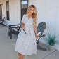 White Stripe Surplice Tiered Midi Dress OMFORT