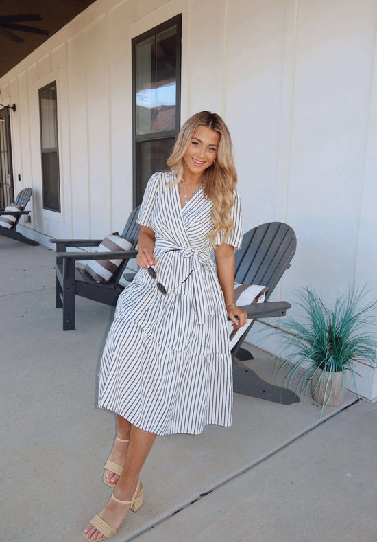 White Stripe Surplice Tiered Midi Dress OMFORT