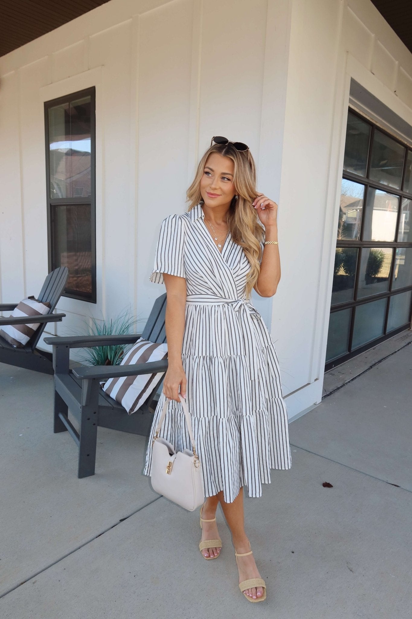 White Stripe Surplice Tiered Midi Dress OMFORT
