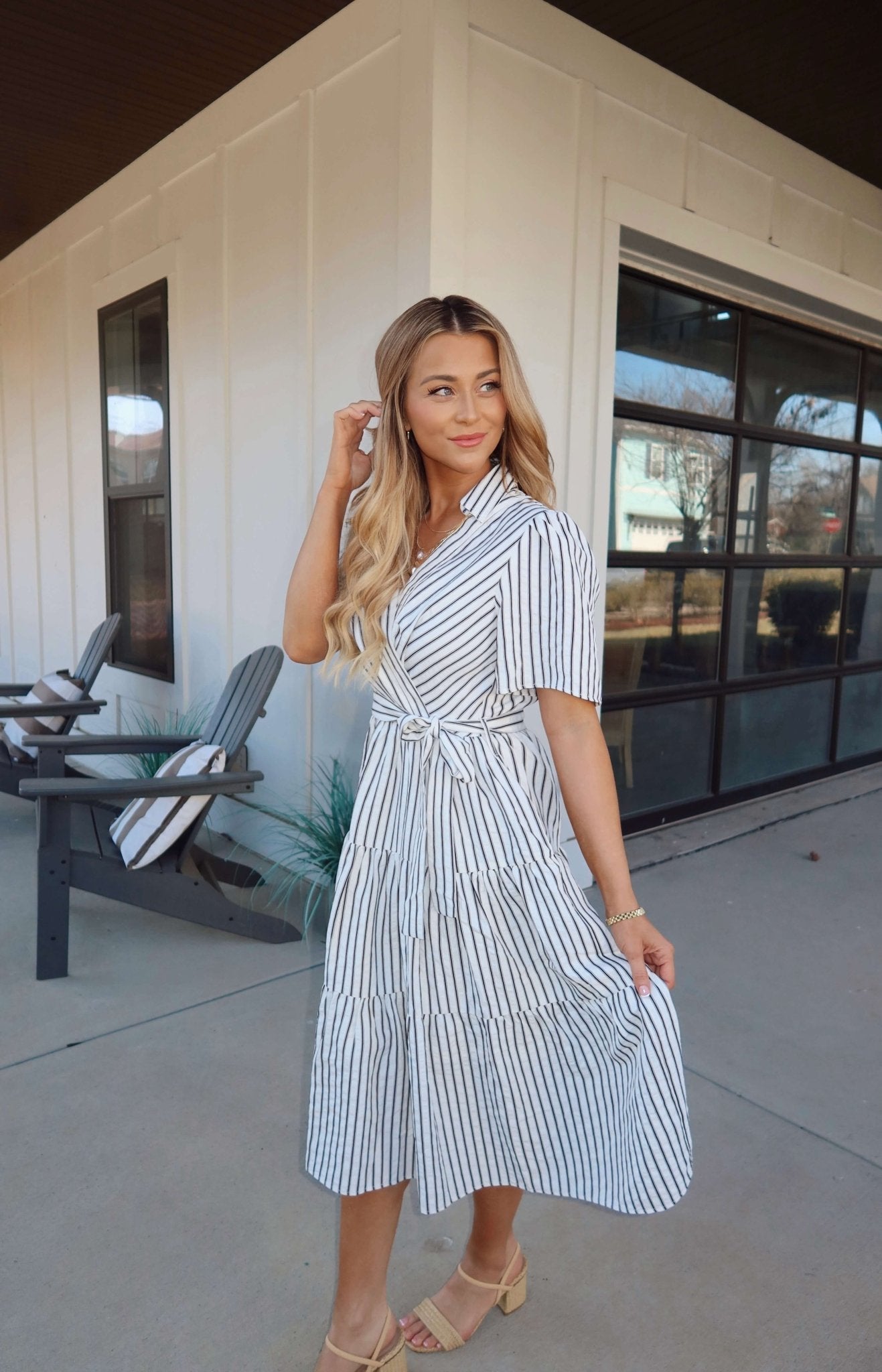 White Stripe Surplice Tiered Midi Dress OMFORT