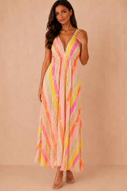 Willow Pink Striped Boho Halter Neck Dress OMFORT