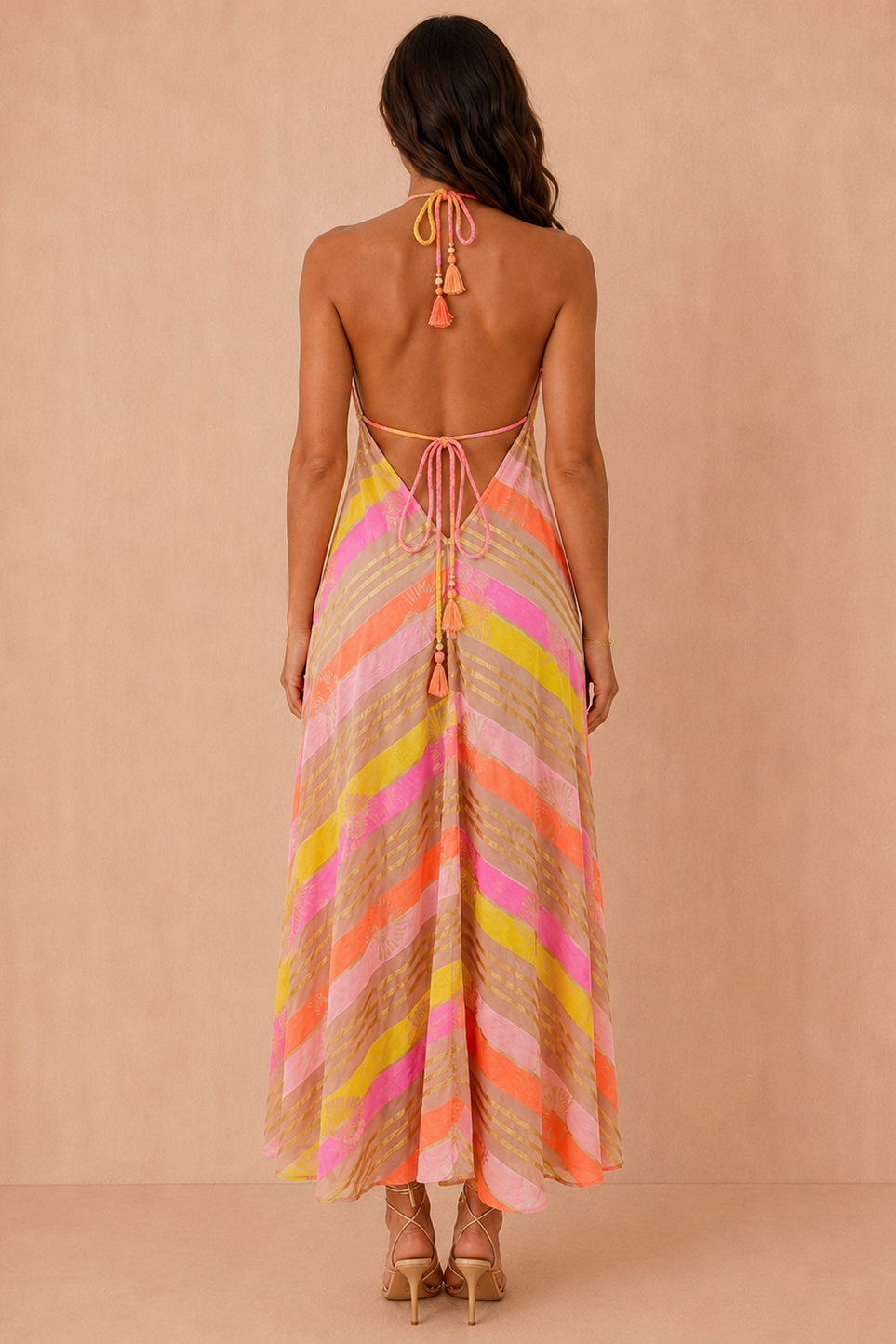 Willow Pink Striped Boho Halter Neck Dress OMFORT