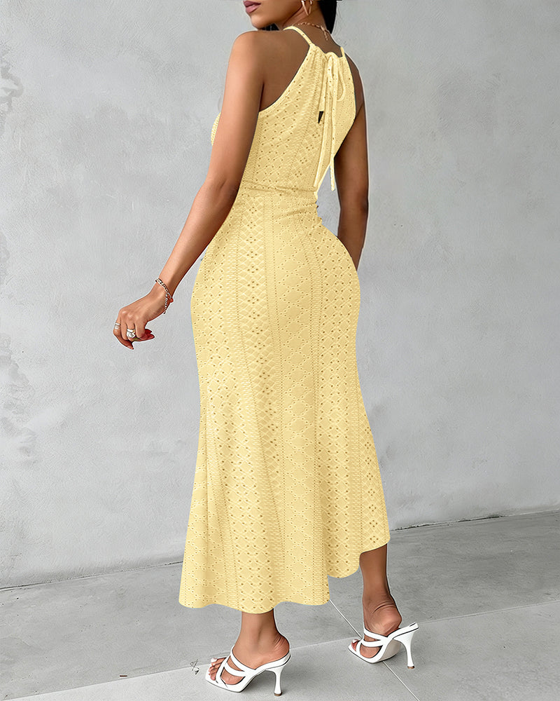 Halter Tie Criss Cross Front Knit Jacquard Textured Slit Dress Casual Hollow-out Draped Vacation Dress Omfort