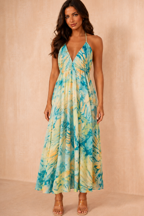 Zabel Green Boho Halter Neck Dress OMFORT