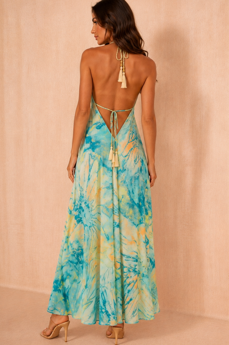 Zabel Green Boho Halter Neck Dress OMFORT